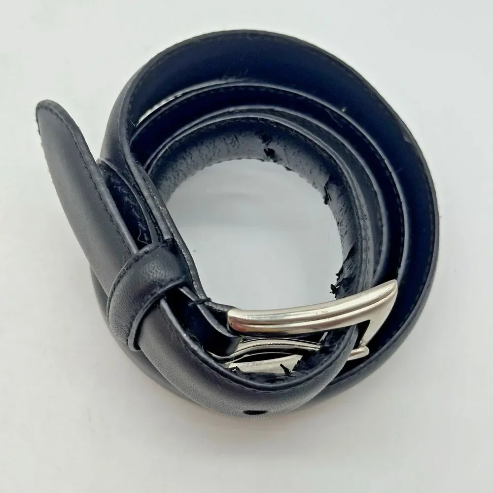 Polo Ralph Lauren Black Italian Leather Belt Men's 38 Silver Buckle & Logo FLAW